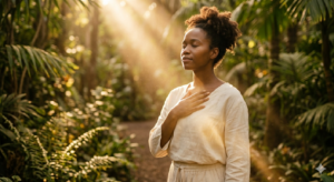 Uma mulher negra de roupa branca, com a mão no peito e olhos fechados, absorvendo uma luz dourada e suave que incide sobre ela em meio a uma mata verde. A imagem representa o despertar da sensibilidade, um dos primeiros sinais de um chamado espiritual na Umbanda.