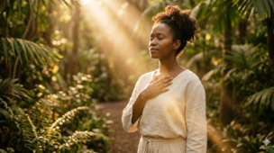 Uma mulher negra de roupa branca, com a mão no peito e olhos fechados, absorvendo uma luz dourada e suave que incide sobre ela em meio a uma mata verde. A imagem representa o despertar da sensibilidade, um dos primeiros sinais de um chamado espiritual na Umbanda.