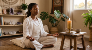 Pessoa em um momento de meditação silenciosa e olhos fechados, refletindo profunda paz interior e relaxamento. Ao seu lado, uma vela dourada acesa ilumina o ambiente de forma suave e acolhedora, simbolizando a conexão com o divino, o amor-próprio e o axé de Mamãe Oxum.