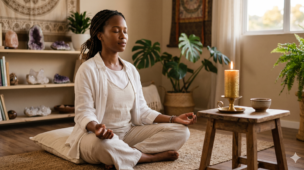 Pessoa em um momento de meditação silenciosa e olhos fechados, refletindo profunda paz interior e relaxamento. Ao seu lado, uma vela dourada acesa ilumina o ambiente de forma suave e acolhedora, simbolizando a conexão com o divino, o amor-próprio e o axé de Mamãe Oxum.