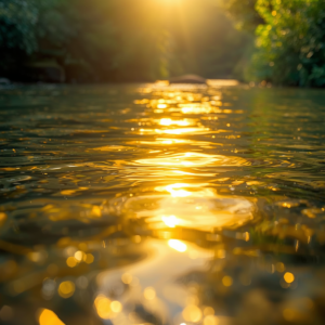 Lindo rio de águas cristalinas refletindo a luz dourada do sol matinal, transmitindo paz e riqueza. Imagem representando o axé de Oxum na vida financeira e o fluxo contínuo da prosperidade na Umbanda.