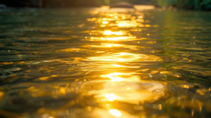 Lindo rio de águas cristalinas refletindo a luz dourada do sol matinal, transmitindo paz e riqueza. Imagem representando o axé de Oxum na vida financeira e o fluxo contínuo da prosperidade na Umbanda.