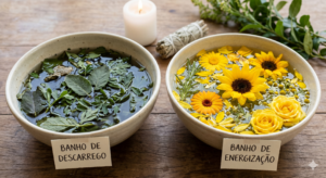 Duas bacias rústicas sobre uma mesa de madeira com águas preparadas para banhos espirituais. A bacia da esquerda contém folhas verdes escuras para o ritual de descarrego. A bacia da direita está cheia de flores amarelas vibrantes para o banho de energização e atração da prosperidade de Oxum. Ao fundo, uma vela branca acesa traz paz ao ambiente.