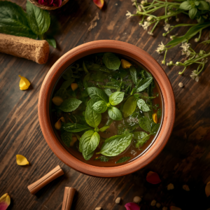 Um recipiente rústico de barro sobre uma mesa de madeira, contendo água limpa, folhas frescas de manjericão e delicadas pétalas de rosas amarelas para um banho de ervas.