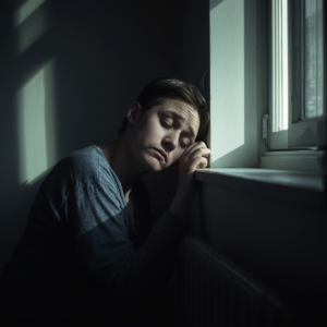 Uma pessoa com expressão de profundo cansaço e desânimo, encostada numa parede dentro de casa. Uma luz suave entra pela janela, mas a pessoa parece não ter forças para reagir. A imagem representa a perda de vitalidade, o esgotamento emocional e o desequilíbrio espiritual que muitas vezes antecedem a busca pela justiça e firmeza de Xangô.