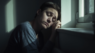 Uma pessoa com expressão de profundo cansaço e desânimo, encostada numa parede dentro de casa. Uma luz suave entra pela janela, mas a pessoa parece não ter forças para reagir. A imagem representa a perda de vitalidade, o esgotamento emocional e o desequilíbrio espiritual que muitas vezes antecedem a busca pela justiça e firmeza de Xangô.