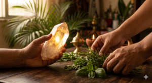 Em primeiro plano, mãos seguram um grande cristal de quartzo que brilha por dentro com uma luz mística, enquanto manipulam ervas verdes e frescas sobre uma mesa rústica de madeira. Ao fundo, um ambiente de terreiro desfocado com plantas e defumador. A imagem representa a sede de conhecimento e a busca de conexão que acompanham os sinais de um chamado espiritual.