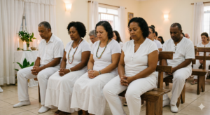 Grupo de pessoas vestidas de branco sentadas em bancos rústicos de madeira na assistência de um terreiro de Umbanda. Elas estão de olhos fechados, com expressões serenas e em oração silenciosa. A imagem transmite paz, união e respeito, representando o despertar de um chamado espiritual através da caridade e do amor ao próximo.