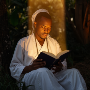 Uma pessoa vestida de branco, com expressão serena, lendo atentamente um livro iluminado por uma luz dourada suave. O ambiente transmite paz e acolhimento, representando a importância do estudo, da doutrina e da busca por conhecimento após o despertar de um chamado espiritual.