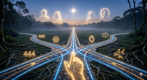 Paisagem mística em uma floresta com caminhos de luz que se cruzam. No céu, rostos etéreos de guias espirituais observam sob uma estrela brilhante. Símbolos luminosos como o número 444, uma concha, pássaros e um espelho flutuam no ar ao longo do caminho, enquanto uma mão de luz aponta a direção. A imagem representa as sincronicidades e os sinais de um chamado espiritual, mostrando que as "coincidências" são mensagens dos guias.