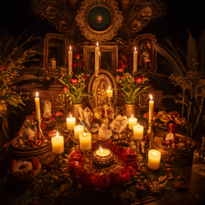 Detalhe de um congá (altar sagrado de Umbanda) lindamente iluminado e organizado, pertencente ao terreiro Casa da Oxum Estrela da Manhã. A luz suave reflete nos elementos sagrados, transmitindo uma profunda sensação de acolhimento, respeito, segurança e muita paz espiritual.