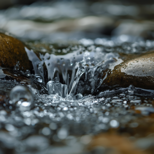 Um detalhe sereno de gotas de água cristalina caindo continuamente sobre pedras lisas de rio, formando um fluxo suave. Representa o acúmulo contínuo de axé e a persistência doce de Oxum na vida de quem tem constância.