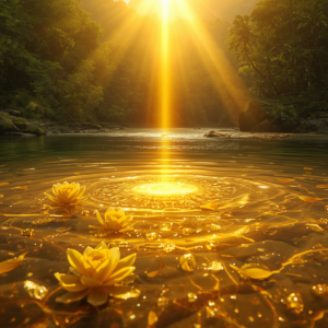 Fotografia radiante com um feixe de luz solar dourada intensa batendo em uma cascata de águas cristalinas, transformando a água em ouro líquido. Flores amarelas e joias douradas flutuam delicadamente na água, em um ambiente de natureza verdejante. A imagem simboliza o brilho, a doçura e a prosperidade espiritual de Mamãe Oxum no estudo das cores na Umbanda.