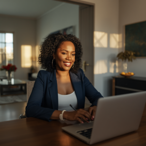 Fotografia fotorrealista e serena de Mãe Gláucia, uma mulher negra de blazer azul marinho (Ogum/Foco) e guias discretas, sentada focada no trabalho em um home office/sala de estar iluminada pelo sol em Guarulhos. O ambiente integra sutis toques de cores Orixás, como verde mar (Oxóssi/Cura), azul claro (Iemanjá/Paz) e laranjas douradas (Oxum/Prosperidade) na decoração, ilustrando a aplicação prática do axé das cores no dia a dia e no trabalho.