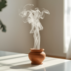 m pequeno recipiente rústico de barro sobre uma mesa, soltando uma fumaça branca e suave de defumação. O ambiente ao fundo é uma casa limpa, aconchegante e iluminada pela luz natural do sol. A imagem transmite paz e ilustra a limpeza de ambientes utilizando o poder das ervas na Umbanda.