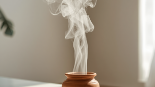 m pequeno recipiente rústico de barro sobre uma mesa, soltando uma fumaça branca e suave de defumação. O ambiente ao fundo é uma casa limpa, aconchegante e iluminada pela luz natural do sol. A imagem transmite paz e ilustra a limpeza de ambientes utilizando o poder das ervas na Umbanda.