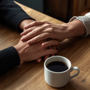 Detalhe das mãos de duas pessoas repousando com calma sobre uma mesa de madeira, próximas a xícaras de café. O gesto sutil transmite a ideia de uma conversa sincera, paciência e compreensão mútua sem julgamentos.