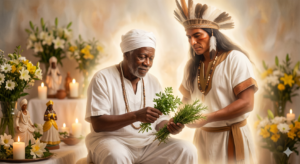 Representação iluminada de guias espirituais com ervas de cura. É fundamental conhecer a caridade para quebrar os mitos sobre a Umbanda e entender que a nossa religião só faz o bem.