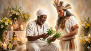 Representação iluminada de guias espirituais com ervas de cura. É fundamental conhecer a caridade para quebrar os mitos sobre a Umbanda e entender que a nossa religião só faz o bem.