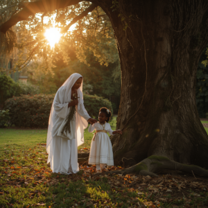 Mãe Gláucia Regina, uma mulher negra de roupas brancas de Umbanda e guias, guia carinhosamente a sua filha espiritual, também de branco, na ação de devolver restos de ervas maceradas (como arruda e rosas) para a base de uma árvore majestosa em um jardim iluminado pela luz dourada do sol. A cena transmite paz e ilustra o ensinamento da Umbanda sobre cuidados importantes e o respeito ao sagrado, devolvendo as ervas à natureza com gratidão após o uso ritualístico.