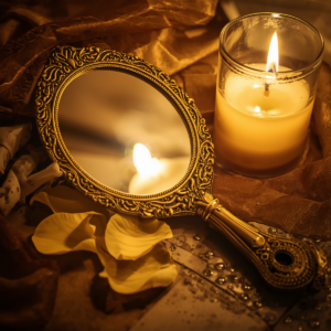 Um belo espelho de mão dourado em estilo antigo (Abebé) repousando próximo a pétalas de rosas amarelas e uma luz suave. A imagem artística simboliza a valorização pessoal, a beleza interior e a autoestima.