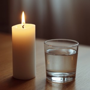 Uma vela branca acesa ao lado de um copo de água límpida, posicionados com respeito em um ambiente doméstico tranquilo. A imagem ilustra a prática da firmeza do Anjo da Guarda, um ato de conexão e constância diária na Umbanda.