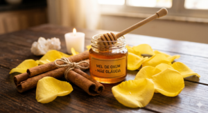 Ingredientes para o banho de prosperidade de Oxum dispostos sobre uma mesa rústica de madeira. No centro, há um pote de vidro com mel iluminado, com um rótulo escrito Mel de Oxum - Mãe Gláucia. Ao redor, estão espalhadas pétalas de rosa amarela vibrantes, paus de canela rústicos amarrados com barbante, um cristal branco e uma pequena vela acesa ao fundo.