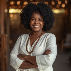 Retrato de Mãe Gláucia, mulher negra com cabelos cacheados, usando roupas brancas e guias em tons de marrom. Ela tem uma expressão firme, serena e ética, ilustrando o ensino sobre humildade, caráter e postura diante da força do Orixá Xangô.