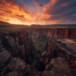 Paisagem majestosa de uma pedreira rochosa sob um pôr do sol com tons vibrantes de bronze e laranja. A formação rochosa transmite estabilidade, força e proteção, representando a morada vibratória de Xangô.