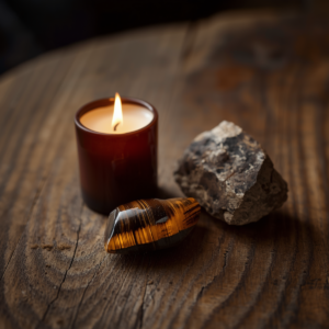 Fotografia acolhedora mostrando uma vela marrom acesa ao lado de um cristal olho-de-tigre e uma pedra bruta sobre uma mesa de madeira. A cena ilustra uma firmeza espiritual para pedir foco, clareza e a justiça de Xangô em momentos de decisão.