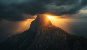 Imagem épica de uma montanha de pedra (pedreira) durante uma tempestade passageira. As nuvens escuras se abrem e um forte raio de luz solar dourada ilumina a rocha, trazendo uma sensação de alívio e verdade após o caos, representando o poder da justiça de Xangô.