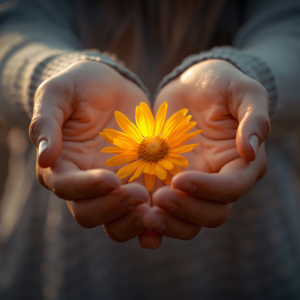 Detalhe em aproximação das mãos de uma pessoa segurando com carinho uma pequena luz dourada e brilhante, simbolizando a esperança e a mudança de pensamento em direção à positividade.