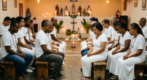 Pessoas sentadas em bancos rústicos de madeira na assistência de um terreiro de Umbanda. Elas estão de olhos fechados, com roupas claras e brancas, em atitude de profundo respeito, oração silenciosa e paz. Ao fundo, um altar iluminado por velas. A imagem ilustra que qualquer pessoa é bem-vinda para receber auxílio, quebrando os mitos sobre a Umbanda de que todos precisam ser médiuns.