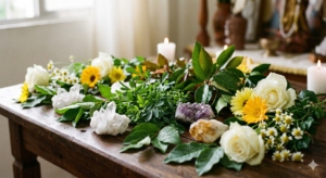 Folhas verdes frescas e molhadas, lindos cristais de quartzo e ametista, e flores brancas e amarelas dispostas de forma cuidadosa sobre uma mesa rústica de madeira, iluminadas por velas ao fundo. Esta imagem cheia de vida ajuda a esclarecer os mitos sobre a Umbanda, mostrando que o nosso verdadeiro axé vem da energia pura da natureza.