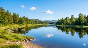 Paisagem serena de um rio calmo e azul refletindo o céu limpo, cercado por uma natureza verde e viva. A imagem transmite imensa paz e clareza, representando a leveza espiritual que o leitor encontra ao deixar de lado os mitos sobre a Umbanda e abraçar um caminho de amor e respeito.