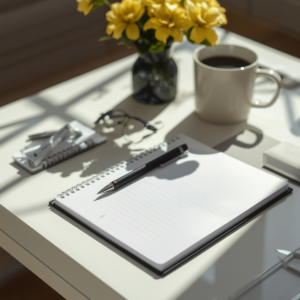 Uma mesa de trabalho muito bem organizada, com um caderno de anotações fechado, uma caneta elegante e um pequeno vaso com flores amarelas, iluminada pela claridade da manhã.