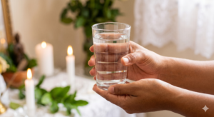 Mãos segurando um copo de água cristalina em frente a um altar iluminado por velas. A imagem simboliza a pureza, a caridade e a gratuidade do passe, ajudando a quebrar os mitos sobre a Umbanda de que a espiritualidade verdadeira cobra por seus milagres.