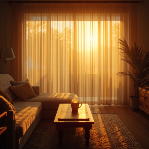 Uma sala de estar muito aconchegante e organizada, iluminada por uma luz suave do sol da tarde que entra pela janela. O ambiente transmite uma sensação imediata de paz, segurança e calor emocional.