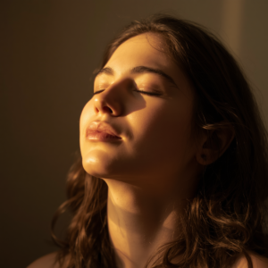 Uma pessoa de olhos fechados, respirando fundo com uma expressão de paz e alívio, banhada por uma luz suave. A imagem ilustra o domínio das emoções, a paz mental e a constância exigida na reforma íntima do caráter.