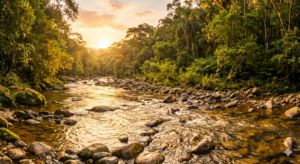Rio sereno de águas doces fluindo por entre pedras, iluminado pelo brilho dourado do sol. Esta imagem simboliza a inteligência e a força da natureza utilizadas nos rituais de Oxum para atrair prosperidade e equilíbrio espiritual.